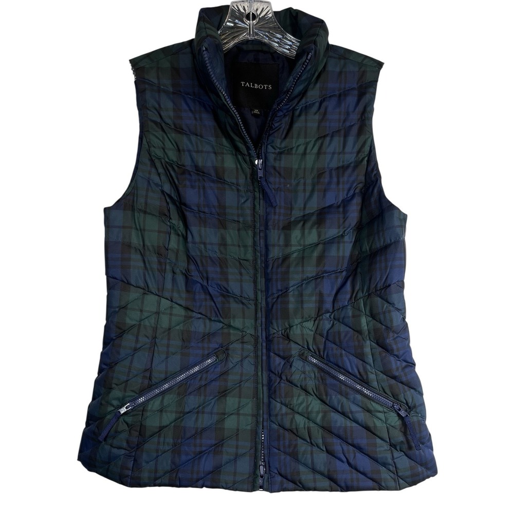 Talbots Sz‎ XS Plaid Down Puffer Vest Green Dark Blue Navy Tartan Preppy